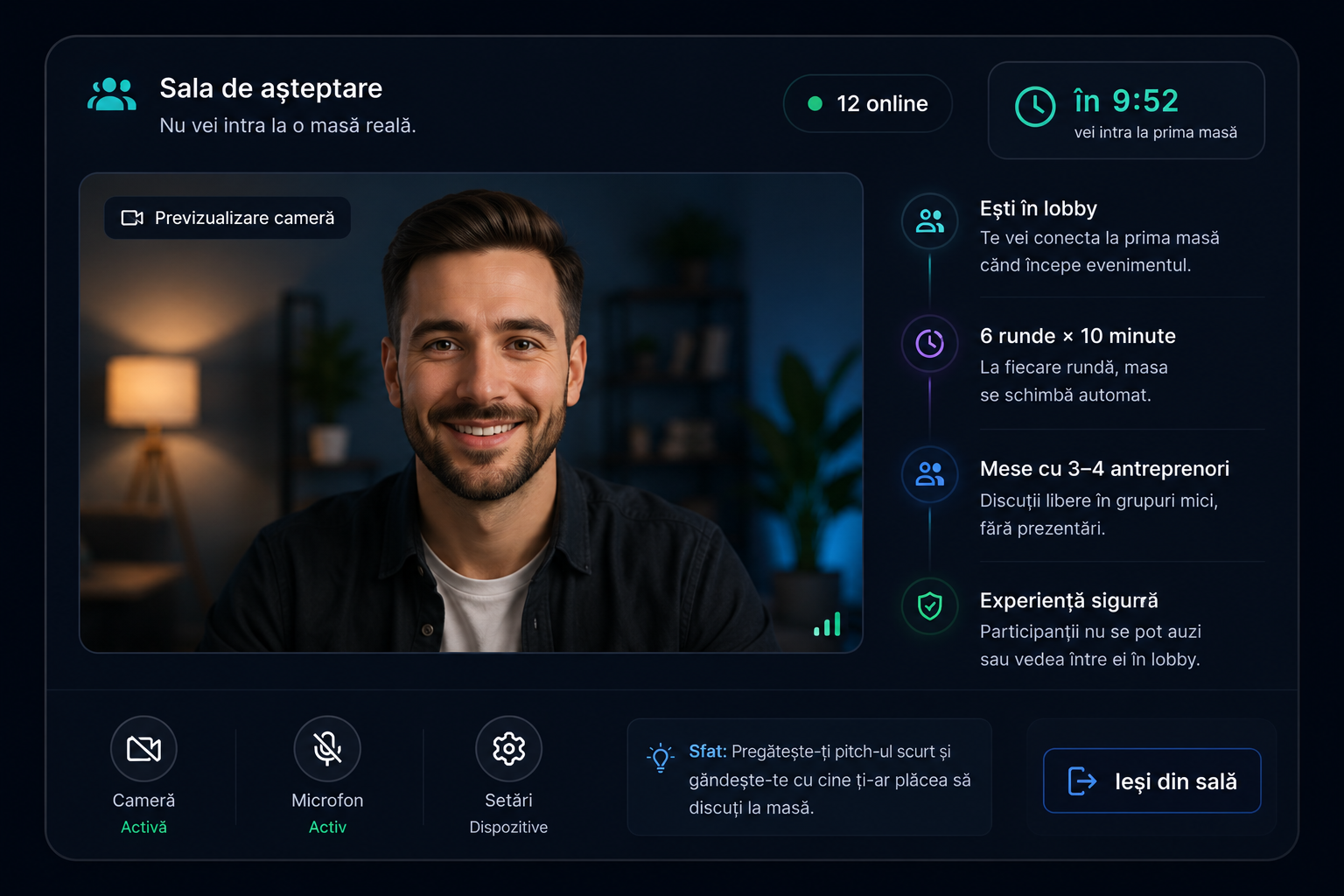 Previzualizare sala de așteptare cu cameră și microfon